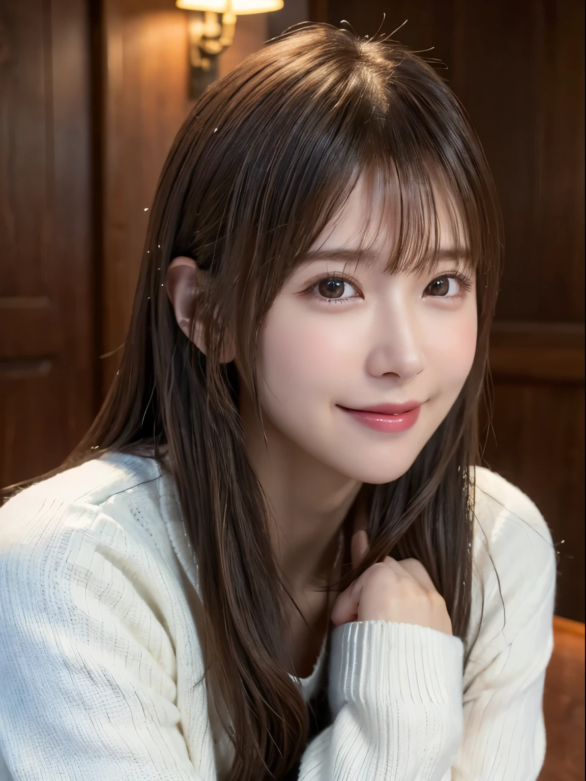 1 Japanese girl,(White sweater:1.4), (RAW Photos, highest quality), (Realistic, Realistic:1.4), Tabletop, Very delicate and beautiful, Very detailed, 8k wallpaper, wonderful, In detail, Very detailedなCG Unity, High resolution, Soft Light, Beautiful details 19 years old, Very detailedな目と顔, Beautiful and detailed nose, Beautiful details,Cinema Lighting,Perfect Anatomy,Slender body,smile  (Asymmetrical bangs,)