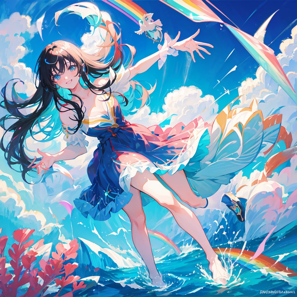 anime、Vibrant colors、Beauty、20 years old、Black Hair、Long Hair、Calm、Bright eyes、Sparkling eyes、smile、Large Breasts、blue sky、rainbow、Ocean、1000 water particles、rainbowを見つめている、dancing、Clear water flows like a waterfall、Bright dress
