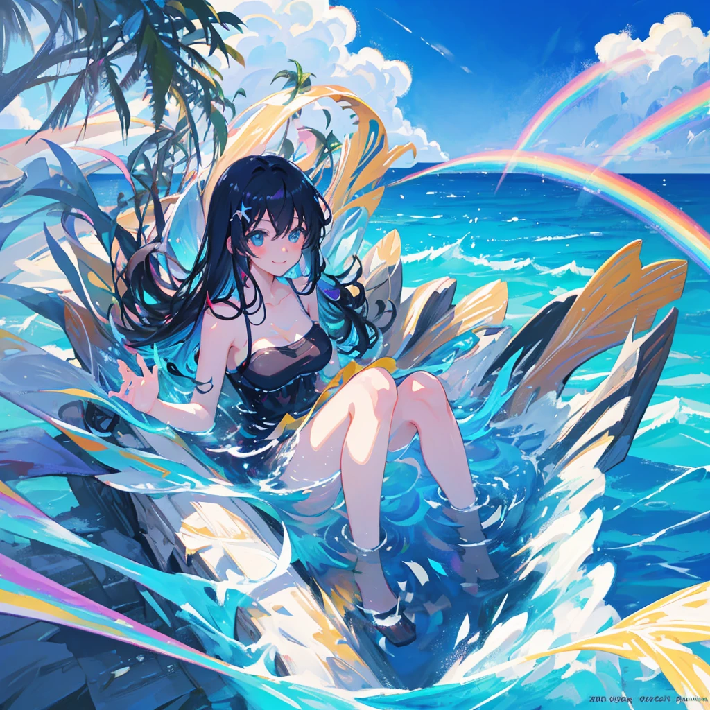 anime、Vibrant colors、Beauty、20 years old、Black Hair、Long Hair、Calm、Bright eyes、Sparkling eyes、smile、Large Breasts、blue sky、rainbow、Ocean、1000 water particles、Clear water flows like a waterfall