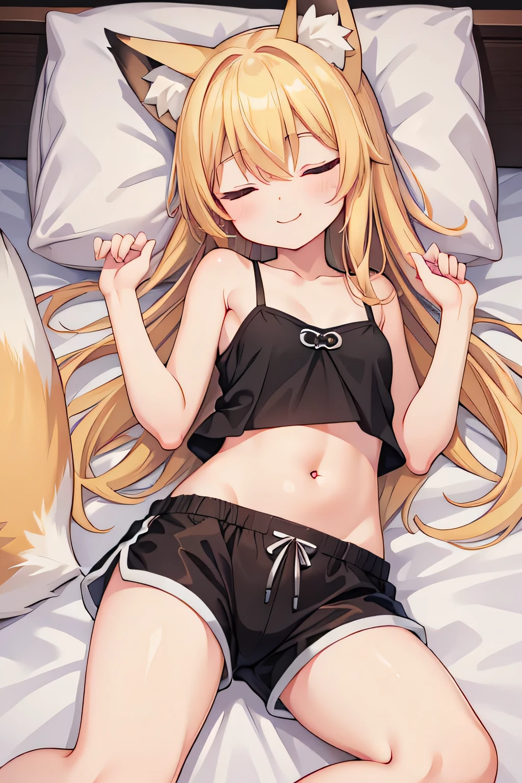 highest quality、Sleeping、smile、Small breasts、belly button、Fox ears、Long blonde、Black camisole、Shorts、bed