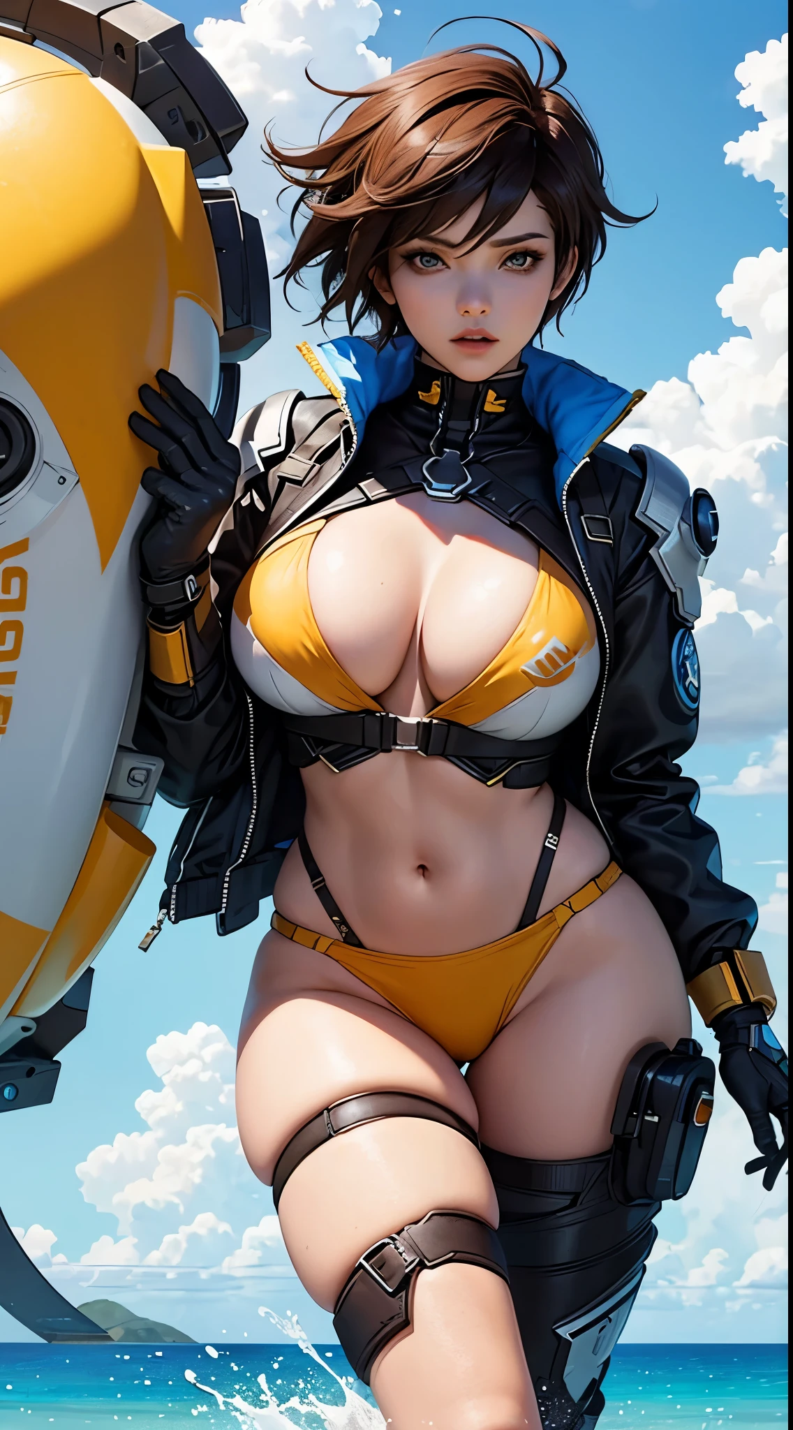 Tracer de overwatch (huge tits), Haut du corps, abdos, bikini comme s'ils n'existaient pas, deserted beach, gros seins, gigantesque seins, 4K ultra UHD, mains parfaites, cing doigts, yeux parfaits, bikini dentelle rouge