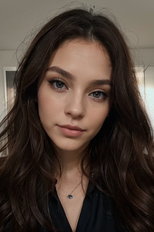 femme de 29 ans, long brown slightly curly hair, yeux bleus, visage parfait, professional makeup like model, C et portant un haut ????