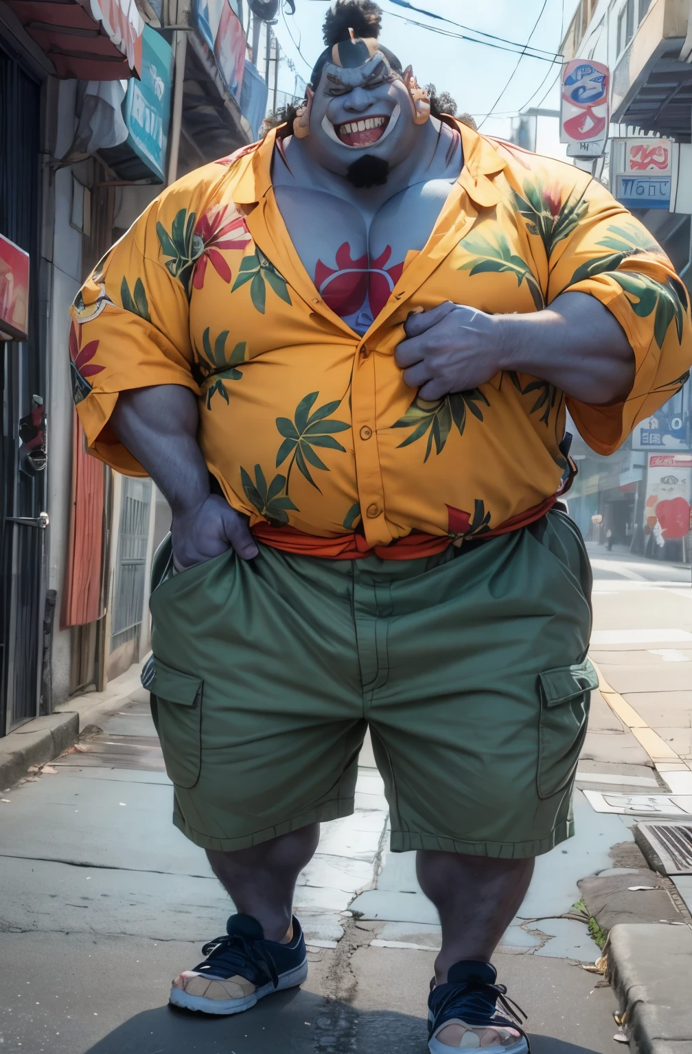 Fat man (jinbei) On the street, Blue Skin, smile, Muscular, Pectoral muscle, wide Pectoral muscle, Beach, palm, Realistic, 8k, masterpiece, (Wearing shorts and an Aloha shirt, shoes)