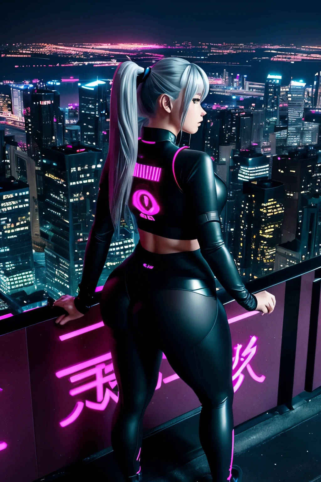 "Ultra-high resolution, UHD, ultra-detailed, hyper-realistic skin texture, high-quality rendering, photorealistic portrait. A futuristic anime-style woman named Lucynova with a choppy, asymmetrical bob of pure white hair featuring short pink and blue highlights. She is standing in front of a large oval-shaped glass window in a sleek apartment.  overlooking a vibrant cyberpunk cityscape with neon lights, glowing signs, She gazes outside, her arms folded, Neon reflections illuminate the sharp contours of her black leotard, thigh-high boots, white glossy transparent whit jacket, whit glossy shorts, and utility belt—a signature cyberpunk outfit. Shot with a wide-angle lens, capturing her back profile, lit dramatically by the glowing neon city lights."


