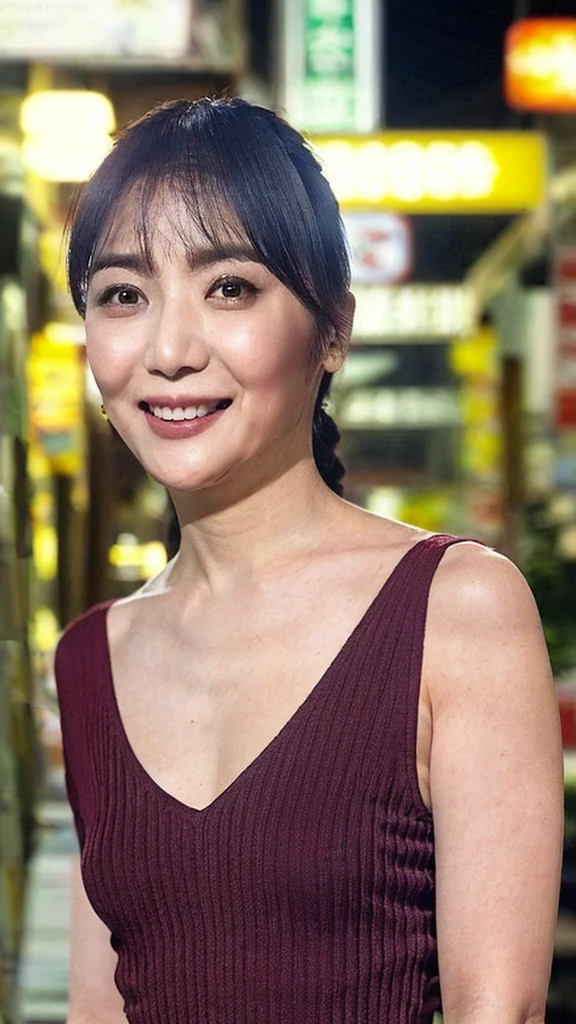 ((highest quality)), ((8K)), ((masterpiece: 1.3)), (Perfect appearance), (Photorealism: 1.6), (路地ですれ違うJapanese Mature), (Kabukicho Ichibangai at night: 1.4), (Busy: 1.4), (Narrow alley lined with izakayas: 1.2), (Detailed background), (60 years old, Japanese Mature), (Beautiful Japanese mature woman: 1.2), ((Realistic skin texture)), (Fine lines all over the skin), (Dull skin), (Moisture wrinkles on the face), (Wrinkles around the eyes), double eyelid, Tear bags under the eyelids, Smiling gently, (Short bangs: 1.2), Straight long hair, (Hair tied back: 1.2), hair with natural movement, (Elegant attire), High heels, (Portrait with focus on upper body: 1.4),