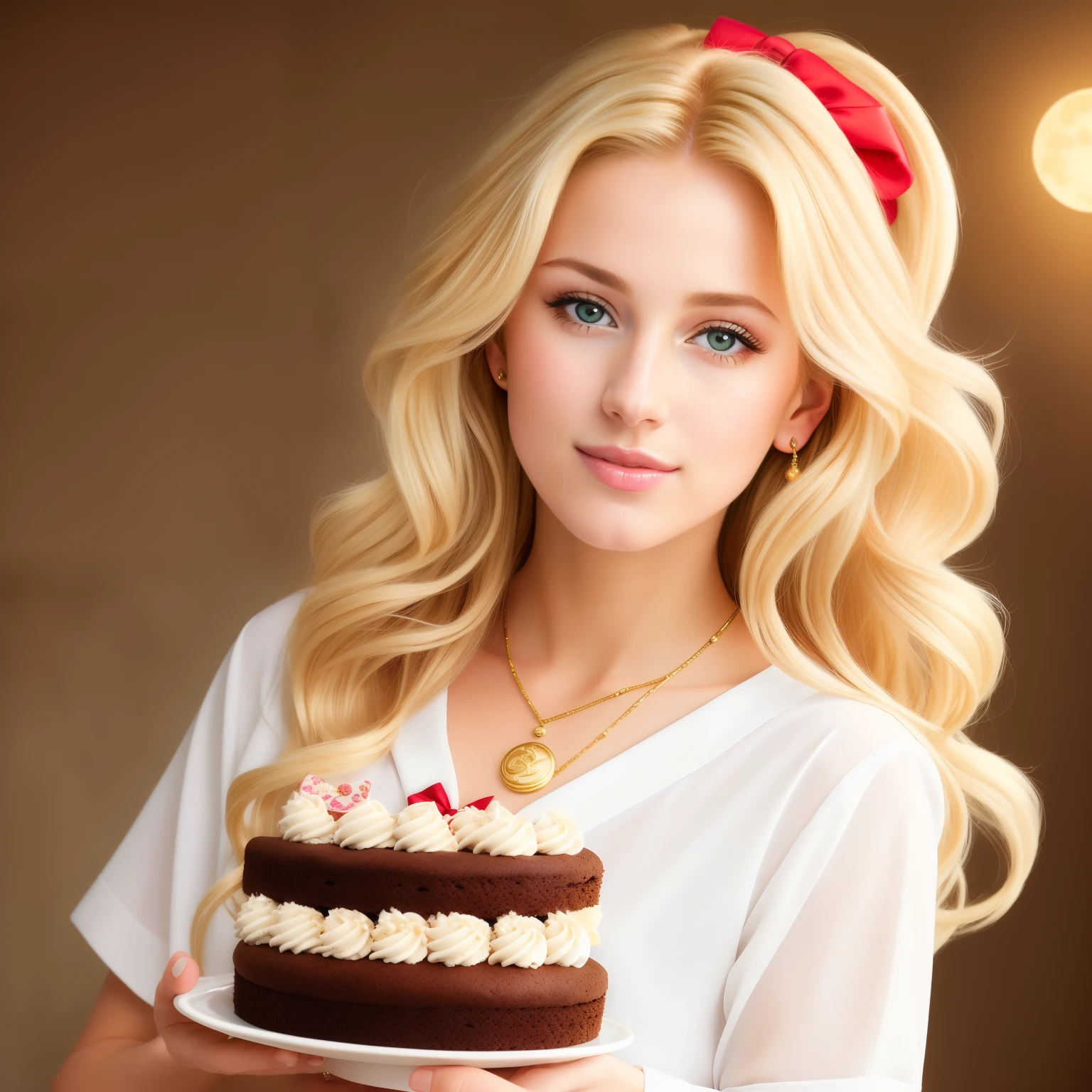 (best quality,4k,8k,high res,masterpiece:1.2),ultra-detailed, photorealistic, flaxen blonde hair,long hair, Mature and beautiful, realistic depiction:1.2 Sailor Moon eating cookies & cream chocolate cake
