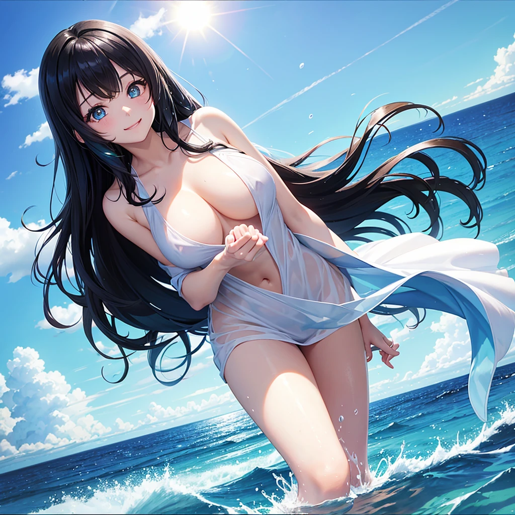 (Highest quality、masterpiece、High resolution、8K)、Vibrant colors、1 Female、Long black hair、whole body、barefoot、(Detailed face、Beautiful Eyes、Beautiful nose、Pretty lips)、A woman in a white dress jumps high、Official Art、The background is the sea、blue sky、Wide sandy beach、Wide forest、