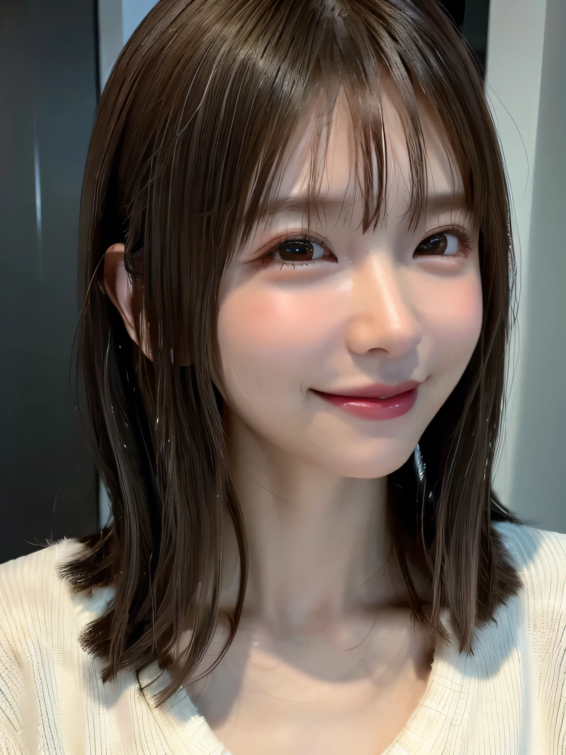 1 Japanese girl,(White sweater:1.4), (RAW Photos, highest quality), (Realistic, Realistic:1.4), Tabletop, Very delicate and beautiful, Very detailed, 8k wallpaper, wonderful, In detail, Very detailedなCG Unity, High resolution, Soft Light, Beautiful details 19 years old, Very detailedな目と顔, Beautiful and detailed nose, Beautiful details,Cinema Lighting,Perfect Anatomy,Slender body,smile  (Asymmetrical bangs,)