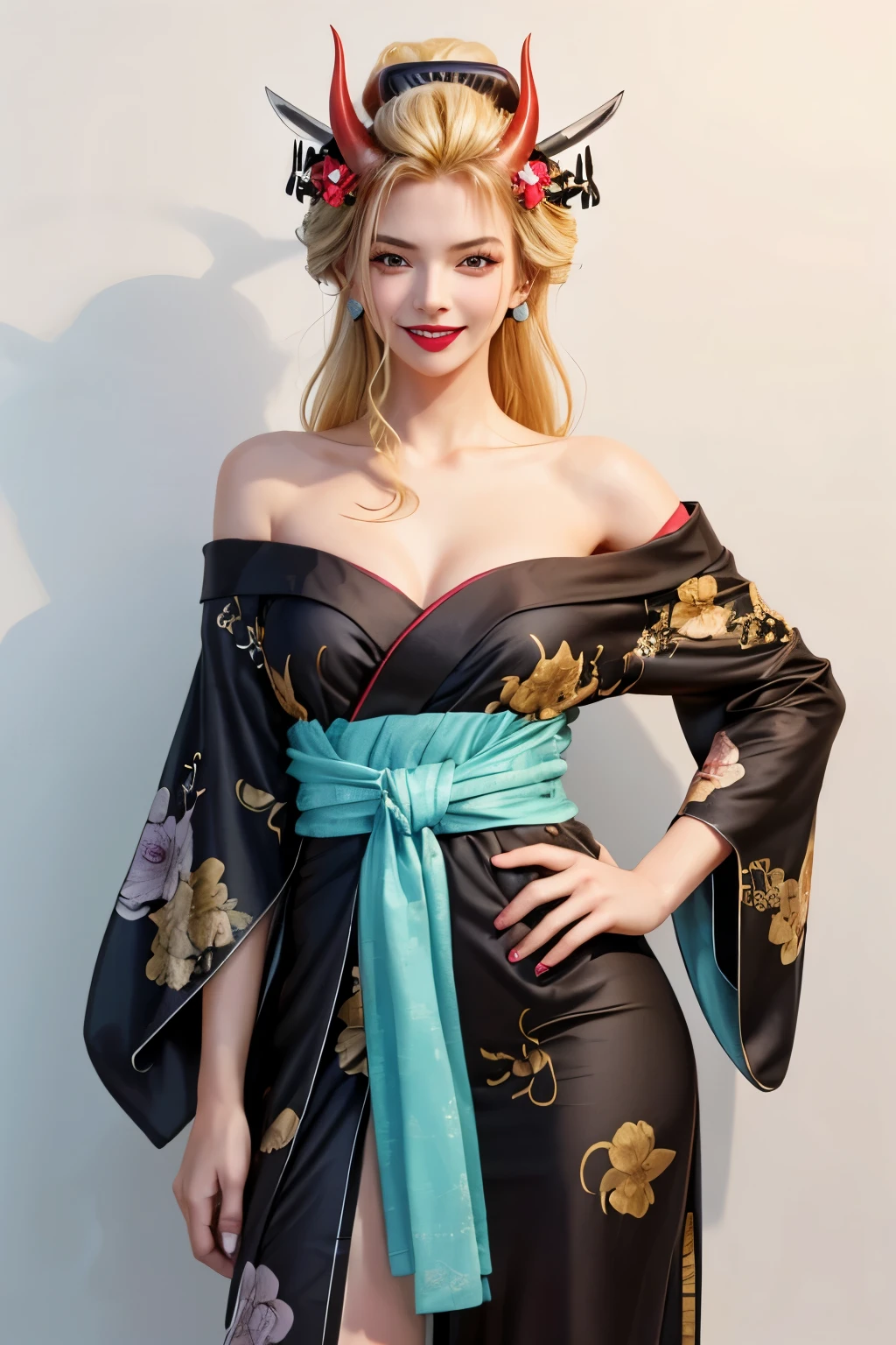 (masterpiece, highest quality:1.2), alone, One girl, Black Maria, lipstick, smile, Recall, Hairpin, Hair Flowers, horn, V-shaped eyebrows, kimono, Black kimono, Off the shoulder, Earrings, Exposing shoulders 