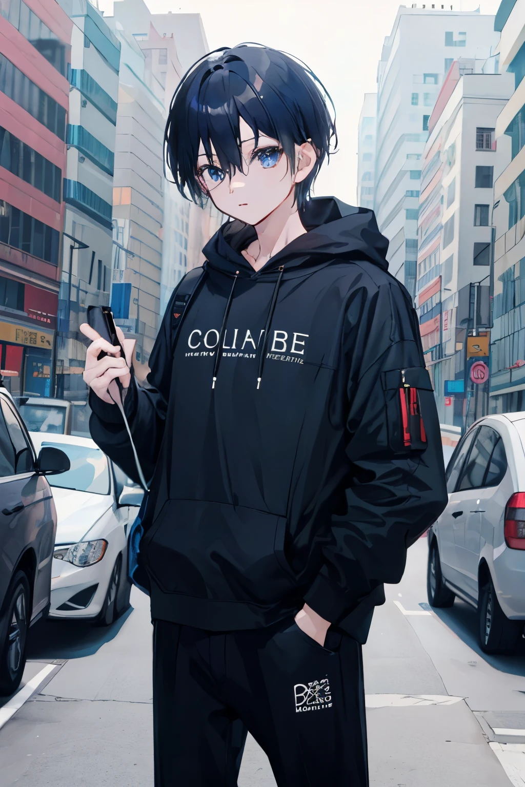 boy、♂、Dark blue hair(dark)、Handsome、cool、Mash Hair、
Wearing a black hoodie