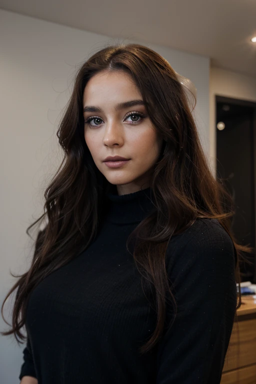 29 year old woman, long brown slightly curly hair, Brown eyes, visage parfait, professional makeup like model, C et portant un haut noir