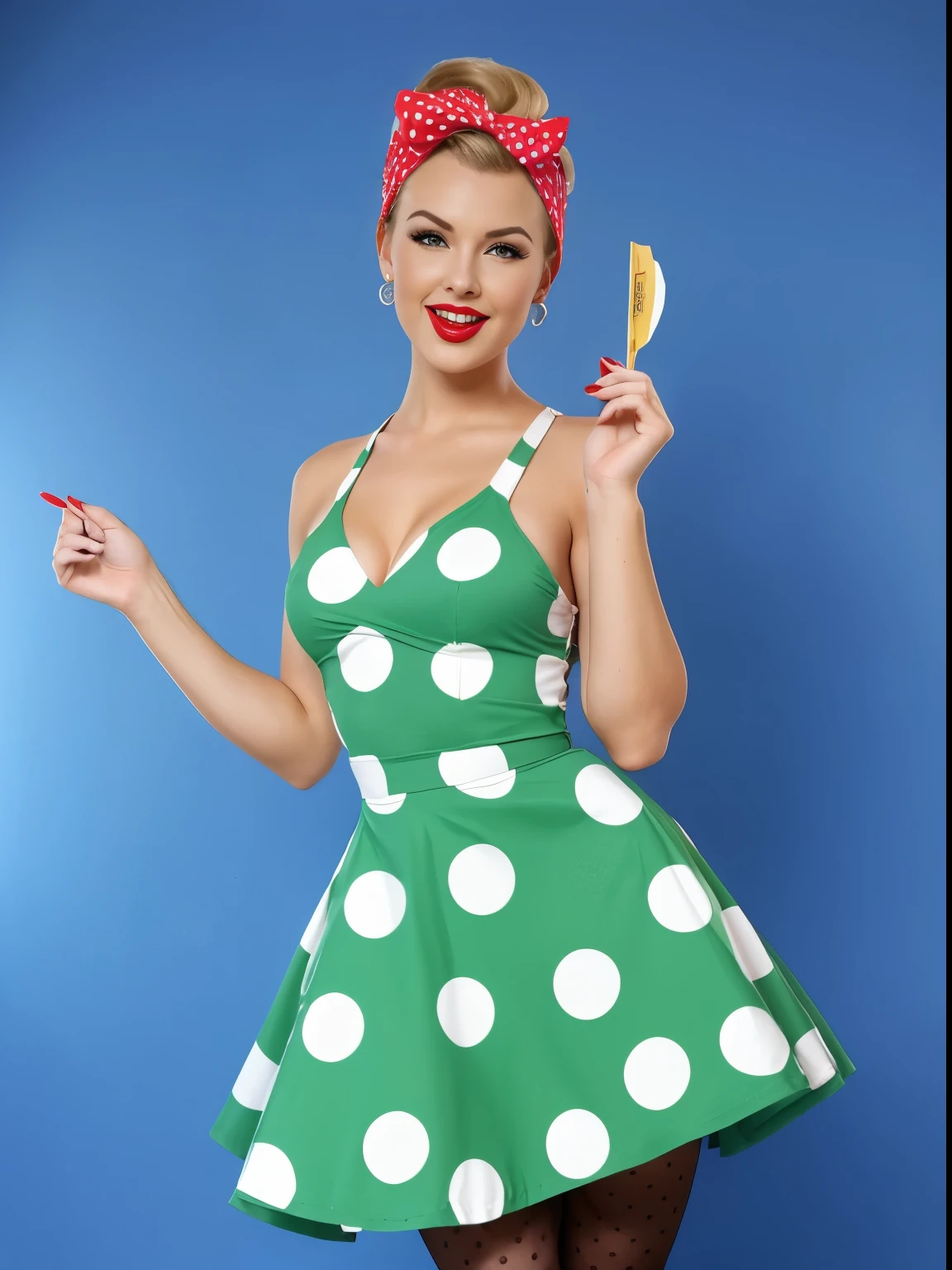 Full length photo of a girl blowing kiss. realistic 35 year old sexy blonde. Her lips are slightly tubular. Squinted gaze, laughs, adding mystery and sexuality. She touches her feet with surprise, taking a sexual position. The model is made in pin-up style with hair styled in victory rolls style, associated with Veronica Lake. She has plump sexy red lips, she has average breasts and blows a sexy kiss. She portrays an American housewife, posing in various sexual positions. Her short hair and open mouth create the image of a pin-up girl. She is on a white background, green retro dress with large polka dots with fluffy, voluminous ballerina skirt. green retro polka dot dress in pin-up style with large polka dots, a fluffy, voluminous ballerina skirt and a tutu. A red bandana on the head., and red stockings on her legs wears a green retro dress with large polka dots with a fluffy voluminous ballerina skirt. Red bandana on head, and stockings on my feet. The photo is made in pin-up style, emphasizing the retro-USA vibe