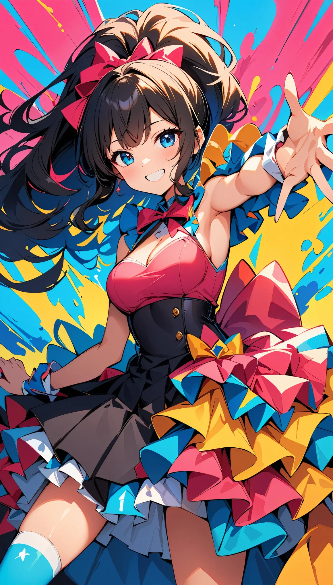 (highest quality:1.2, Very detailed, up to date, Vibrant, Ultra-high resolution, High Contrast, masterpiece:1.2, highest quality, Best aesthetics), (((1 girl))), Beautiful woman, (smile), Bright color palette, ((Colorful Art, color splash art)), Idol Girl:1.6, With the microphone, Pink outfit, Ruffled costumes, Colorful Costumes, Idol Girls, Black Hair, ponytail, jk, ((Contrasting colors, Colored background)), Energy Splash, Energy Rush,