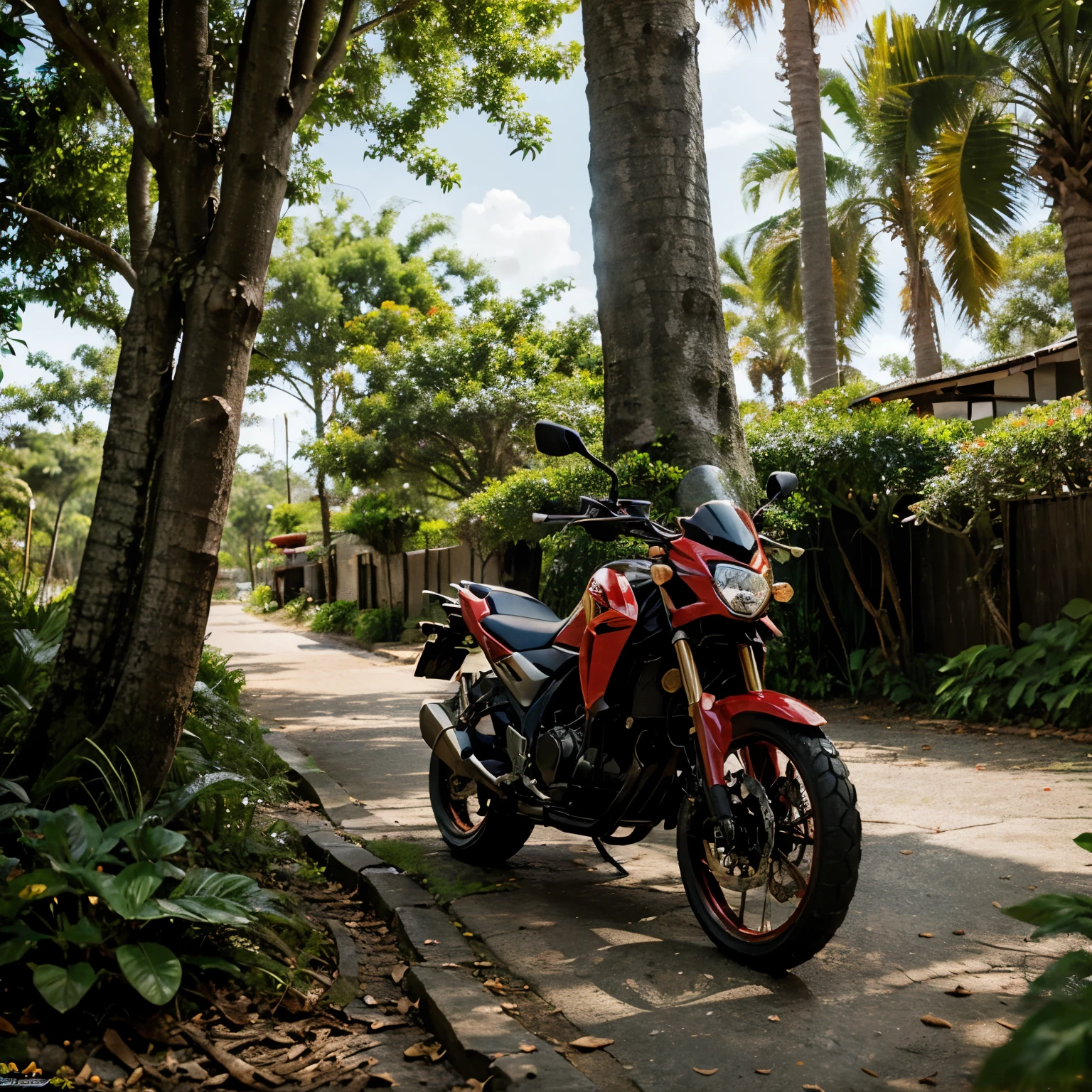 Hero Honda ( red color ) beside a jungle tree