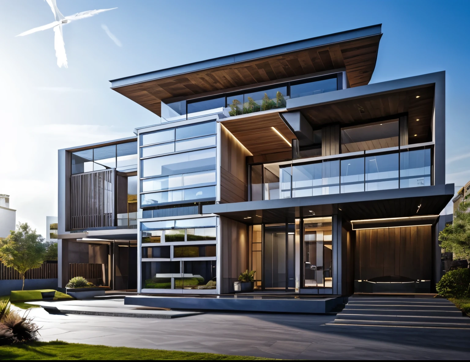 (masterpiece),(high quality), best quality, real,(realistic), super detailed, (full detail),(4k),8k,modern house exterior design,Modern architecture,Beautiful_sky,Day light, no_humans, outdoors,sky,tree,Garden flower front of building