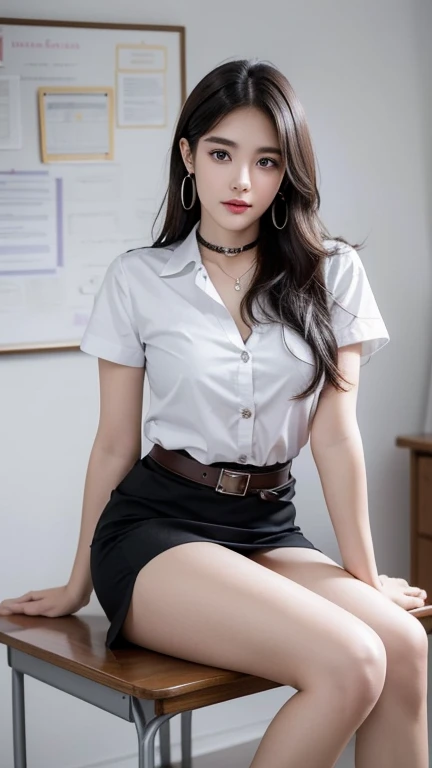 (8k high resolution), masterpiece, best quality, realistic ((medium bust)), hair in one eye, purple eyes, big hoop earrings, sharp eyes, diamond choker, red gemstone necklace, (symmetrical eyes), (perfectly symmetrical body), photo of a beautiful 20-year-old teenage girl, (fit figure), ((in the teacher's room)), (black miniskirt), mahalaiuniform, (( young woman wearing a shirt Tight white short sleeves, buttons unbuttoned, open chest)) ((short black pencil skirt Skirt with a deep slit in front of the legs)), Belt, Bob hair, long hair, side bangs, golden blonde hair, double eyelids, sharp eyeliner, blush eyeshadow with thick eyelashes. Very delicate and beautiful. Round chin. Sharp focus. Elegant. Fully seated on the study table. Turn your head with your legs open to eye level. Open your legs. Lift your right leg over your left leg. Let your legs open naturally. With legs slightly separated, dynamic pose,big breasts 
