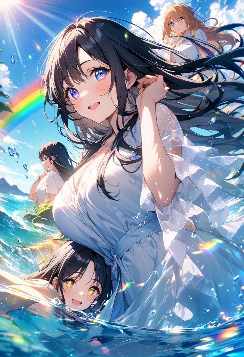 anime、Vibrant colors、Beauty、3 people、20 years old、Black Hair、Long Hair、Calm、Bright eyes、Sparkling eyes、smile、Large 、blue sky、rainbow、Ocean、1000 water particles、Clear water flows like a waterfall