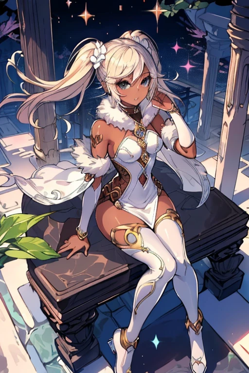 Iooiklas,Platinum Blonde Hair,Twin tails, hair ornaments, White Dress, Black knee socks,
Removable sleeves,Complex eyes,Beautiful fine details,Symmetrical eyes,Big eyes:1.5,Seductive eyes,
(((dark skin,dark_skin,lustrous skin:1.5,bright skin: 1.5,
skin tanned,shiny skin,very shiny skin,Shiny body,plastic glitter
skin,exaggerated shiny skin,illuminated skin))),
(,Detailed body,(Detailed face)), cute,Lewd,erotic,Bold,Camel toe revealing outfit,show skin,(((Sexy aqua fur coat, Aqua fur coat outfit,
wearing a Ice Dress:1.3,aqua 冬 coat))), ((Ice Dress,elegant Ice Dress)),
(White gloves,White clothes,(((Complex outfit,Complicated clothes,Embroidered costume,Glamorous costumes,Embroidered clothes,
Glamorous clothing))),skinsuit, Bodysuits, pantyhose,
High resolution,Sharp focus,(Super detailed,Very detailed),(Very detailed CG unity 8k wallpaper),
(((Vibrant colors))),smile, Open your mouth,汗をかいたskin,from above,sit,Straddle a defeated monster,Marble Temple,Stone pillars,Vsign,