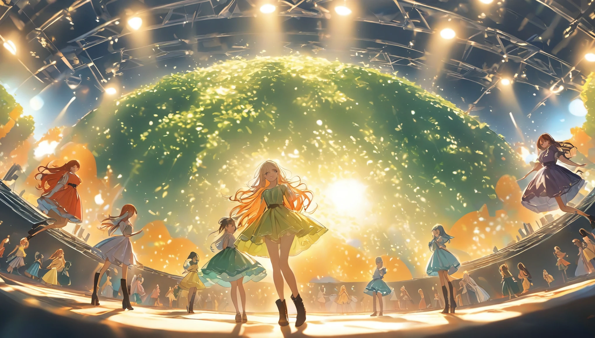 Five charming girls with their long hair hanging down their backs, Each one is bright, Colorful hair glittering under stage lights. The girls stood in a semicircle, Their skirts swayed as they performed. The first girl is wearing a red dress and black boots, Her hair is a mixture of fiery red and orange; The second girl is wearing a blue skirt and white boots, Her hair is a soft turquoise color; The third girl is wearing a green dress, Her hair is emerald green，Attracting audiences; the fourth girl wears a yellow dress and boots, Her hair is a bright sunshine color. and boots, Her hair is as bright as the sun; The fifth girl is wearing a purple skirt and black boots.Ultra wide angle