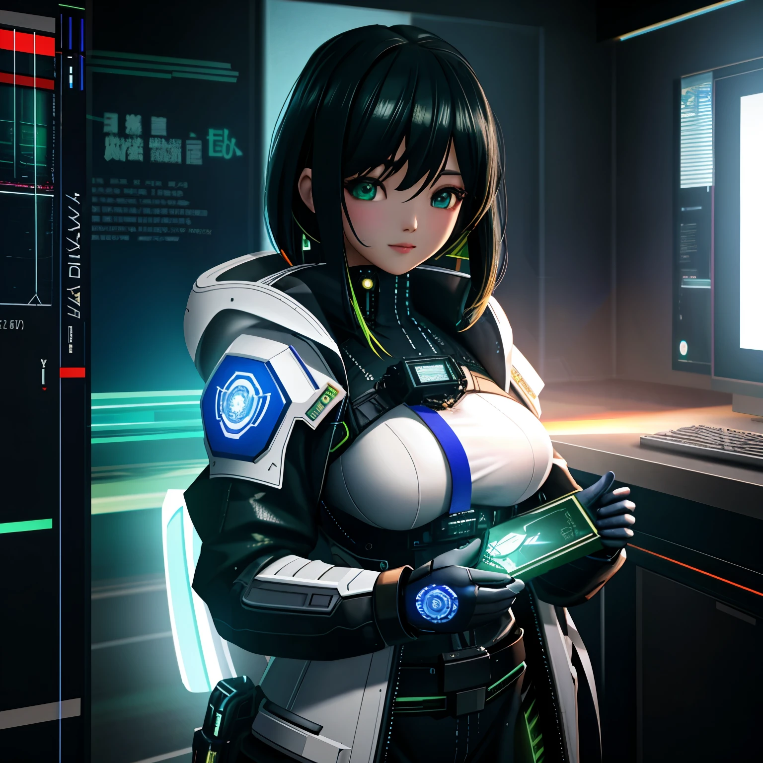 ((highest quality))、((masterpiece))、(detailed: 1.4)、3D、Beautiful cyberpunk female image、High resolution (High Dynamic Range)、Ray Tracing、NVIDIA、Super Resolution、Unreal 5、Scattered beneath the surface、 PBR Texturing、Post-processing、Anisotropic Filtering、Depth of written boundary、Maximum sharpness and sharpnesultilayer Texture、Albedo and Specular Map、Surface Shading、Accurate simulation of light-matter interactions、Perfect Proportions、Octane Rendering、Two-tone lighting 、Wide Aperture、Low ISO、White balance、Three-part method、8K RAW、