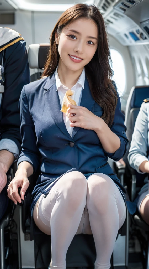  (8K, best quality, masterpiece:1.2), (realistic, photo-realistic:1.37), (high color saturation:1.0),  (highly detailed skin), (highest quality:1.0), (ultra high resolution:1.0) ,(realistic:1.0), (Super detailed:1.0), (8K, Raw photo:1.1)、standing random pose, smiling, natural breast, perfect lighting, 3girls, 24years old, (mysterious), clear and detailed, ((ANA_Cabin Crew, blue flight attendant_uniform)), beige pantyhose, (aircraft, aircraft seats), cute face, squat , (pick up handkerchief), sexy panties,
