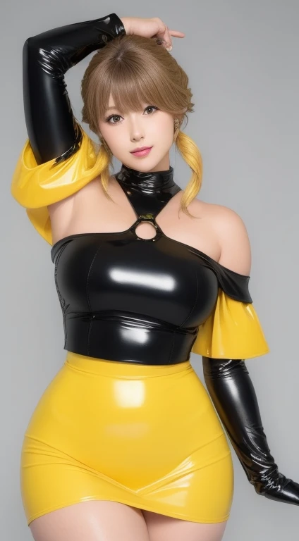 masterpiece, 1 girl, alone, Shortcuts, , Honesty "Queen" Niijima (Honesty Niijima) - People、Looking at the audience, Big Breasts, Mature Woman, blush, smile,  Yellow Hair、Twin tail hairstyle，Lilac eyes, Pink Bed, Mature Woman,Yellow latex gloves,Yellow off-the-shoulder latex suit,Yellow and black skirt,Yellow open-necked off-shoulder latex,Yellow and black latex skirt,Latex shirt,Yellow open-necked latex off-shoulder shirt,Armpit sweat，Twin tail hairstyle