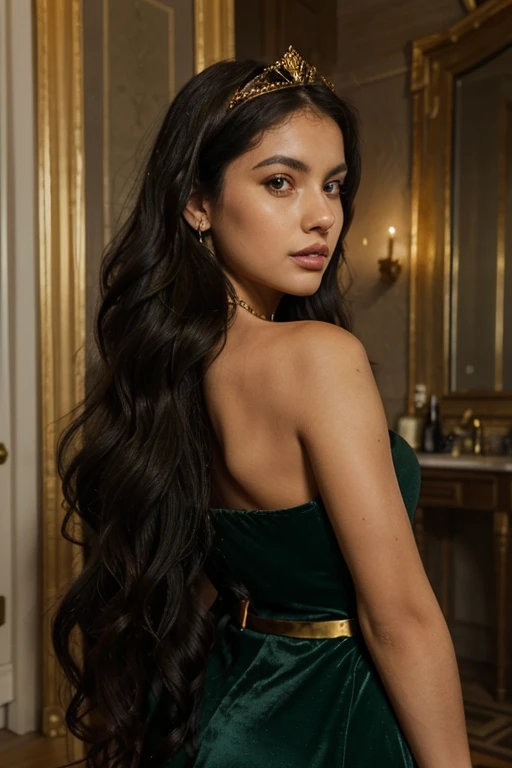 Arianne is a woman in her early twenties, buxom and beautiful, dark olive skin, large dark eyes, long thick black hair that falls in ringlets to the middle of her back. She has full lips, a husky voice, Arianne is short, standing at five foot two she wears a golden tiara, golden necklace, brace, earrings, she wears a green dress, background: a medieval throne room