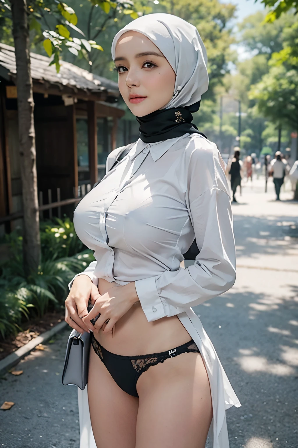 1 woman, accurate to LoRA, sad face, fine wrinkles, blushing cheek, wearing black hijab and white shirt, perfect body, (busty breast 1.6), thin waist, abs, looking at camera, holding handbag,  standing in park, blurry background, (wearing panties), full body shot, realistic 4K, depth of shadow