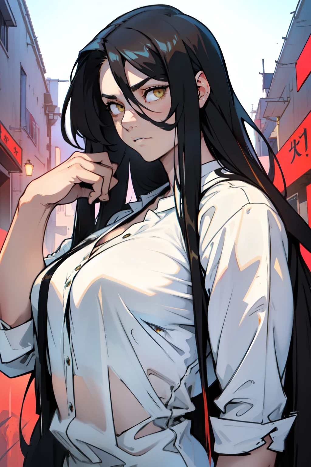 muscular girl huge breasts pale skin black hair long hair yellow eyes disdain annoyed disgusted disappointed