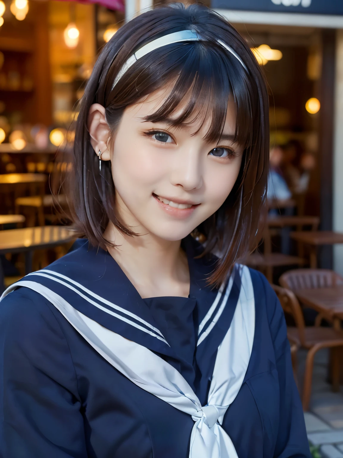 Sailor suit, One Woman, (Beautiful woman, delicate :1.3), Black Hair, Bobcut, bangs, (8k), (highest quality: 1.2), (Realistic), (Realistic: 1.37), (masterpiece), (Ultra-high resolution), (RAW Photos), (Absolute Resolution), (((face is small compared to body: 1.4))), (((Small face:１.4))), A balanced face, (Small Mouth: 1.4), ((Slim female body: 1.4)), Black Hair, (((All navy blue long sleeve Sailor suit))), Realistic女子高生, (((White headband))), Small breasts, Slanted Eyes, Bright Blue Eyes, (Cafe on the open terrace), Open your mouth, smile, Blurred, Bust Shot,