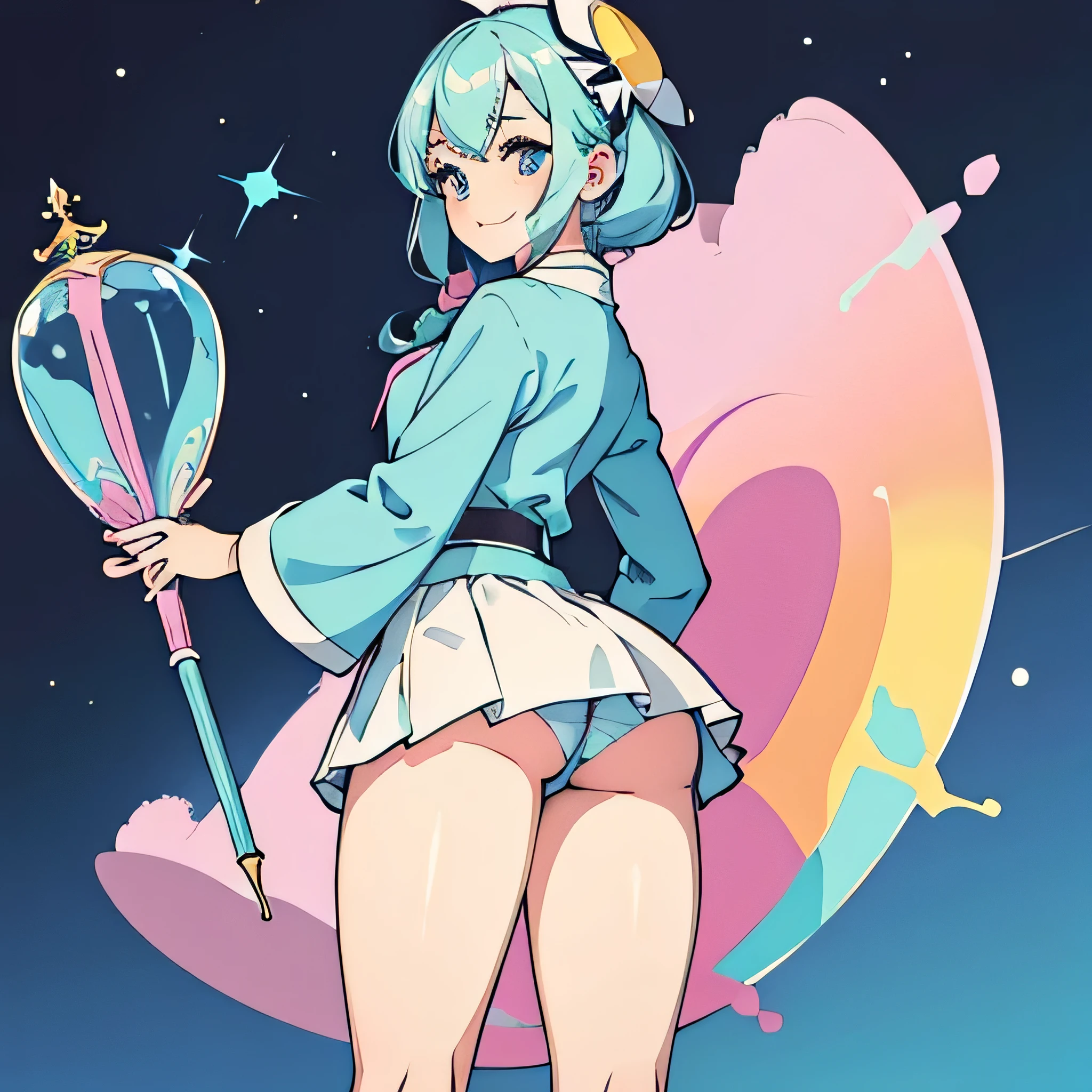 masterpiece, highest quality, Pop illustrations, Pop colors, Pastel Tones, pastel colour,Big Butt,Wizard,Miniskirt,smile