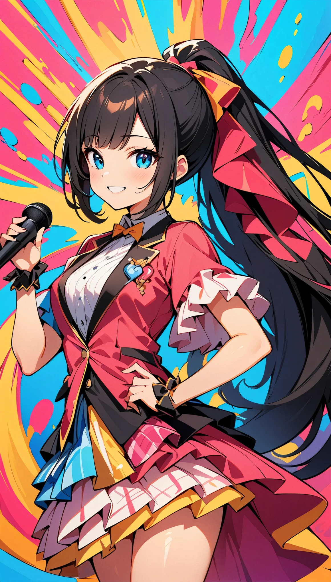 (highest quality:1.2, Very detailed, up to date, Vibrant, Ultra-high resolution, High Contrast, masterpiece:1.2, highest quality, Best aesthetics), (((1 girl))), Beautiful woman, (smile), Bright color palette, ((Colorful Art, color splash art)), Idol Girl:1.6, With the microphone, Pink outfit, Ruffled costumes, Colorful Costumes, Idol Girls, Black Hair, ponytail, jk, ((Contrasting colors, Colored background)), Energy Splash, Energy Rush,