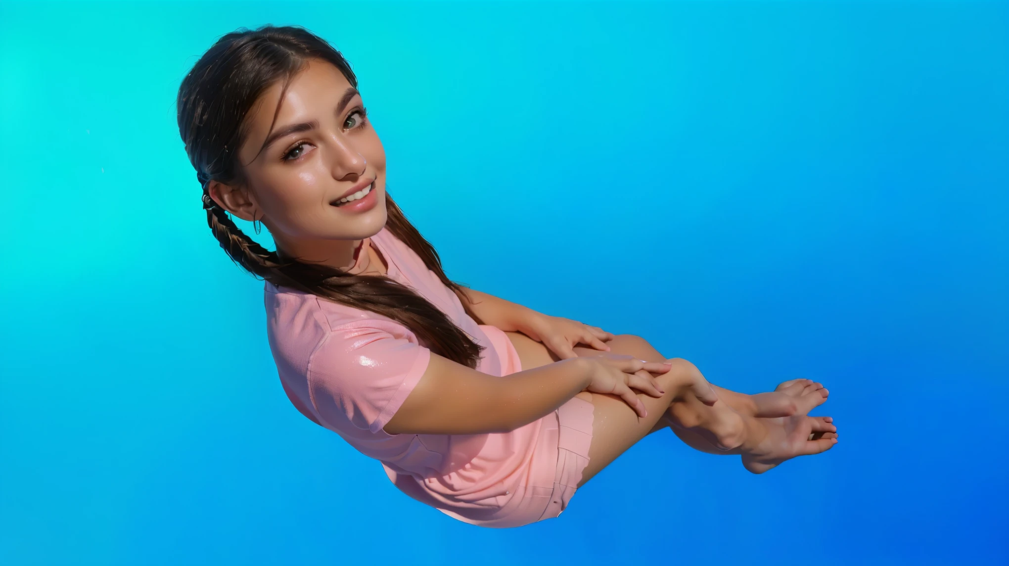 A young girl with pigtails is sitting on the ground, looking up at the camera with a smile. She is wearing a pink shirt and has her legs crossed. The background is blue. sitting on a chair. glossy texture, multiple light sources, rim light, sharp post effects render, (glossy texture with multiple big light probe refractions), perfect cgi, smooth silhouette, most beautiful vfx, blue background. laying on a blue backgroud, glossy texture, smooth 3d model, multiple light sources, rim light, sharp post effects render, (glossy plastic texture with multiple big light probe refractions), perfect cgi, smooth silhouette, high intensity refraction, (super glossy material), most beautiful vfx, realistic, 4k, high resolution, rim light, photo shoot, commercial photo, profile shot, 4k, rim light, high resolution, 4k, glossy texture, smooth 3d model, multiple light sources, rim light, sharp post effects render, perfect cgi, smooth silhouette, high intensity refraction