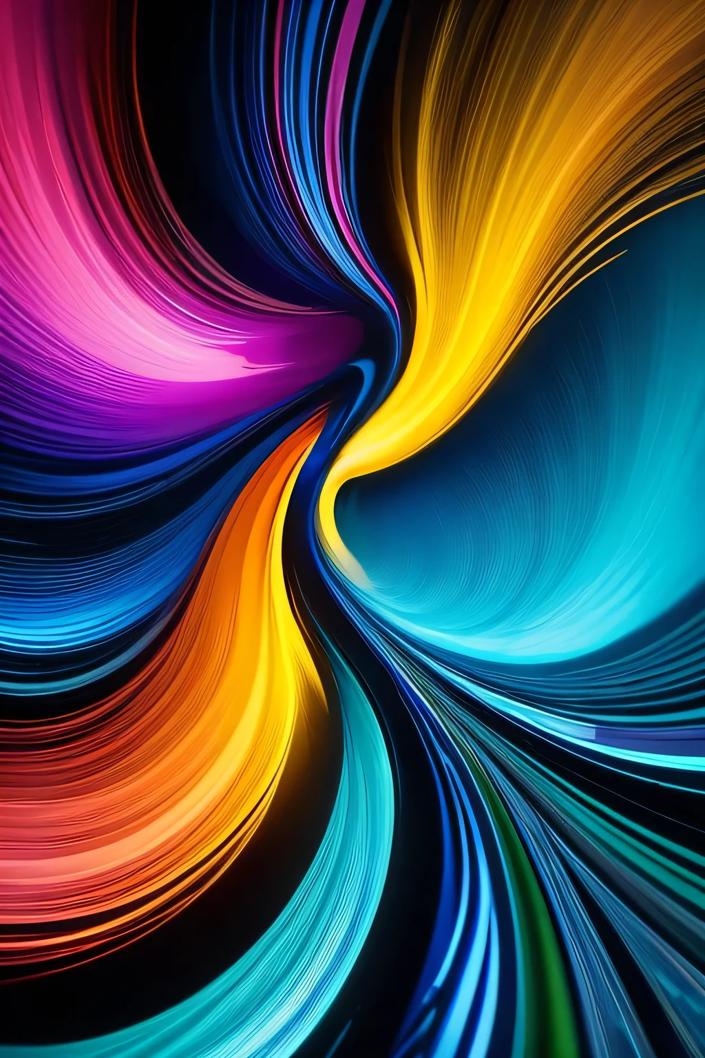 Abstract art using colors, lines, and patterns without depicting specific objects or subjects. Rather than reproducing specific locations or environments, abstract spaces are depicted, representing the flow of time and situations, portraying movement and change in unique ways. Visual rhythms and patterns spread across the entire piece, expressing freedom by excluding concrete subjects. For this particular piece, the theme revolves around swirling vortexes, evoking a sense of dynamism and energy. The colors are blue, pink and yellow, intensifying the feeling of movement and vitality within the artwork.