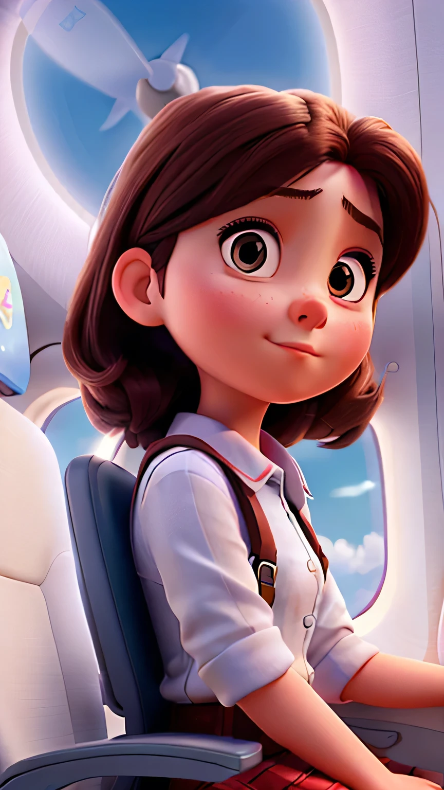 a beautiful  young girl setting  in the airplane beside window she is mad, Pixar movie style, 8k realistic