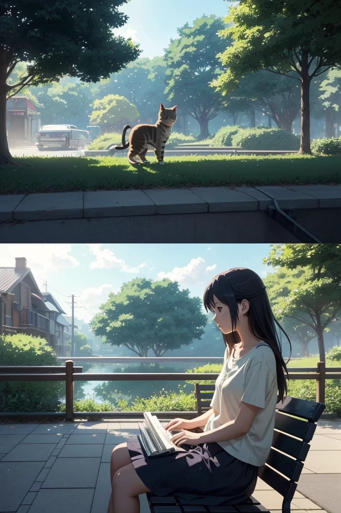 anime scene of a girl sitting on a bench with a cat, concept art inspired by Makoto Shinkai, trending on pixiv, conceptual art, music being played, studio ghibli composition, relaxing concept art, trending on studio ghibli, relaxing environment, studying, cat [ playing a piano ], screenshot from the anime film, anime keyframe, vibing to music