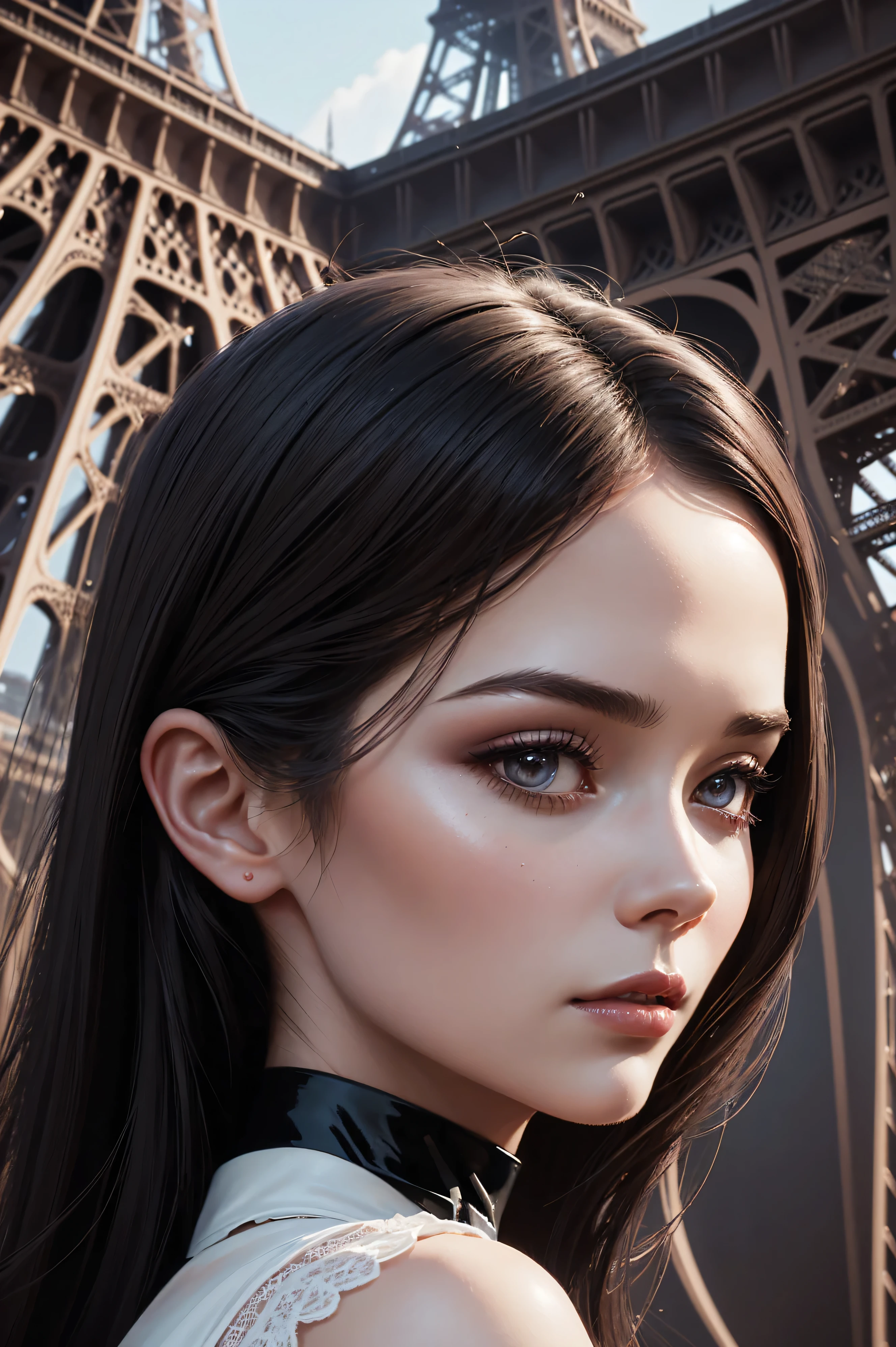 portrait Natalie Portman, wearing breasts french maid costume, against the background of the Eiffel Tower, character portrait, 3 9 9 0 s, long hair, intricate, elegant, highly detailed, digital painting, artstation, concept art, smooth, sharp focus, illustration, art by wlop, charlie bowater and alexandra fomina, 36k