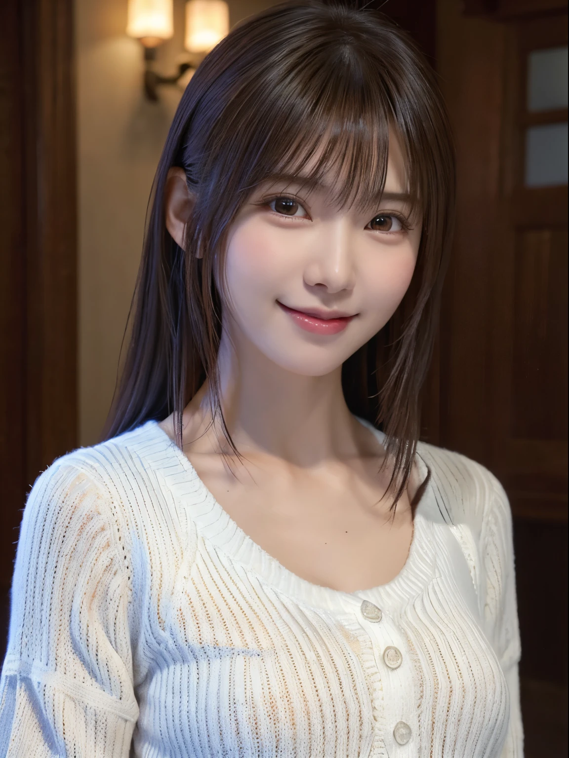 1 Japanese girl,(White sweater:1.4), (RAW Photos, highest quality), (Realistic, Realistic:1.4), Tabletop, Very delicate and beautiful, Very detailed, 8k wallpaper, wonderful, In detail, Very detailedなCG Unity, High resolution, Soft Light, Beautiful details 19 years old, Very detailedな目と顔, Beautiful and detailed nose, Beautiful details,Cinema Lighting,Perfect Anatomy,Slender body,smile (Asymmetrical bangs,)