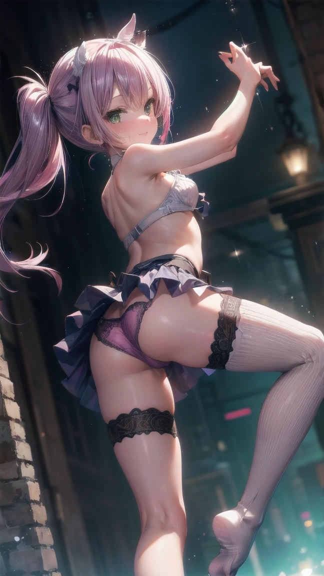 (highest quality:1.2),(Super Resolution),(1 person),(Cute Woman),Jump from a high place,(Angle from directly below:1.2),(Frilled Skirt:1.2),(Skirt flip:1.2)(whole body:1.2),(Petite body:1.2),(Tattoo on the inside of the thigh:1.2),(Taller twin tail hair:1.2),(garter belt),(Pink Panties:1.2),({ :1.5 }),(Pink Hair:1.2),(Shiny Knee Socks:1.2),(Jump with your knees wide apart in a dynamic pose:1.2),(Navel exposed:1.2),((Jump in M-leg pose)),Hot nights、(Glass body),(A shy smile),(Hot and profuse sweat),(The body is slim:1.2),(Beautiful Butt Model:1.2),(Low - Angle:1.3),(Riding an invisible horse:1.3),(lingerie ),(Jump with your legs wide apart like a gymnast:1.2),(Jump with your knees wide apart:1.5),(Photo session),