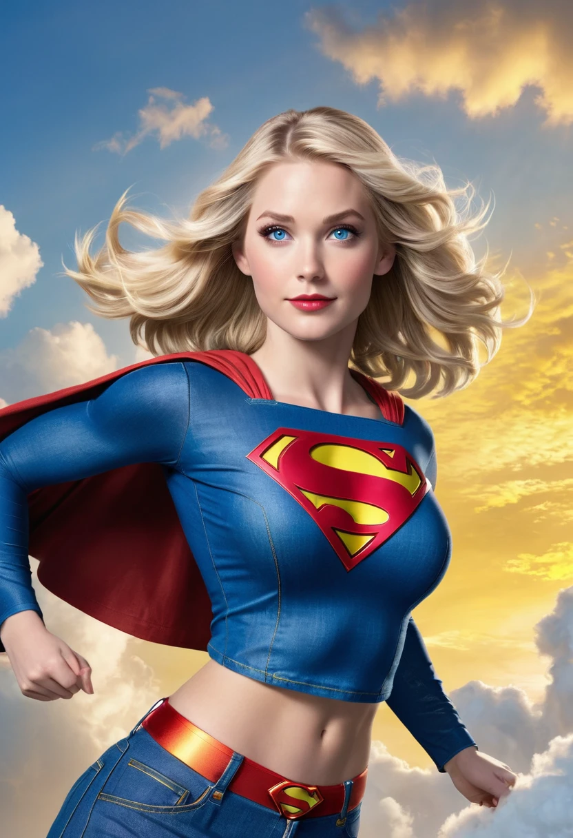 The image features a Supergirl character with blonde hair and blue eyes. She is wearing a jean jacket with her superman logo top. Her tight superman top shows off her abs and chest. The background is a yellow sky with clouds.