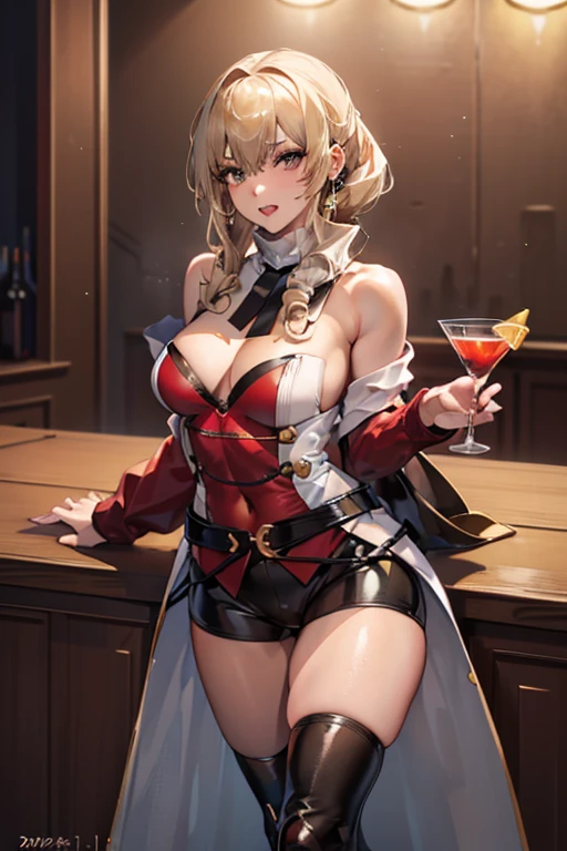 masterpiece,"A 26-year-old girl stands at a bar counter. She is dressed in a stylish off-shoulder dress, sweater dress, off-shoulder sweater, red sweater,garter stocking, cleavage:1.1, midriff, black shorts, black thighhighs, thigh strap, pretty girl, (highly detailed beautiful face and eyes,firm breasts),real skin,((black,hair,long pony tail hair)),thin pubic hair,cute,lovely, detailed eyes, This masterpiece is only visually stunning but also tells,(double breasted:1.0,under bust:1.0),(with sparkling eyes and a contagious smile),open mouth. The bar is beautiful, with colorful bottles of alcohol in the background and a soft glow from neon lights. The atmosphere is relaxed, and the girl looks confident and fashionable.",full body, sexy pose,make a cocktail , in a bar counter, Looking at Viewer,