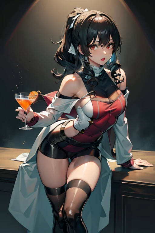 masterpiece,"A 26-year-old girl stands at a bar counter. She is dressed in a stylish off-shoulder dress, sweater dress, off-shoulder sweater, red sweater,garter stocking, cleavage:1.1, midriff, black shorts, black thighhighs, thigh strap, pretty girl, (highly detailed beautiful face and eyes,firm breasts),real skin,((black,hair,long pony tail hair)),thin pubic hair,cute,lovely, detailed eyes, This masterpiece is only visually stunning but also tells,(double breasted:1.0,under bust:1.0),(with sparkling eyes and a contagious smile),open mouth. The bar is beautiful, with colorful bottles of alcohol in the background and a soft glow from neon lights. The atmosphere is relaxed, and the girl looks confident and fashionable.",full body, sexy pose,make a  cocktail , in a bar counter, Looking at Viewer,