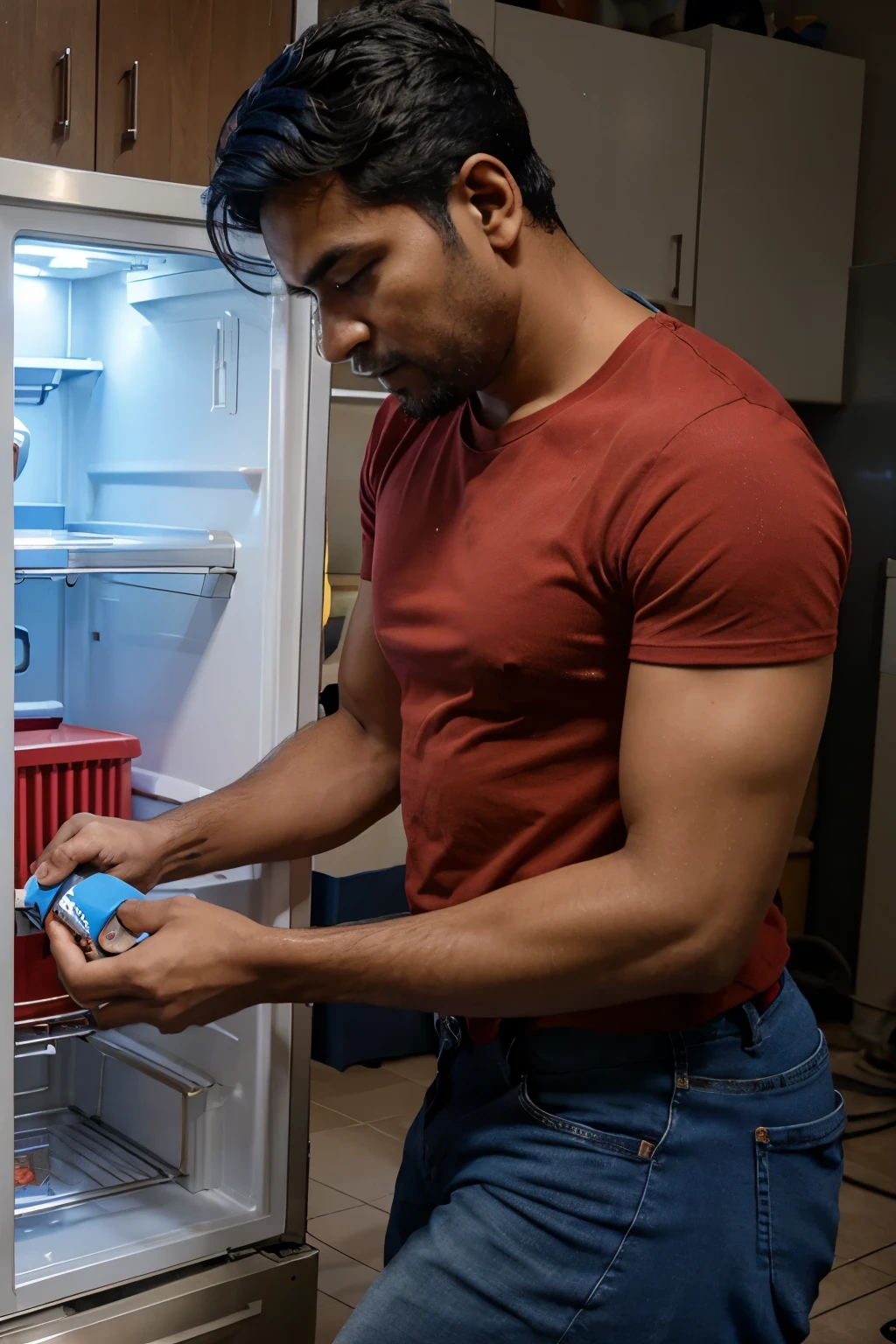 indian technician repairing fridge wearing red t shirt and blue jeans