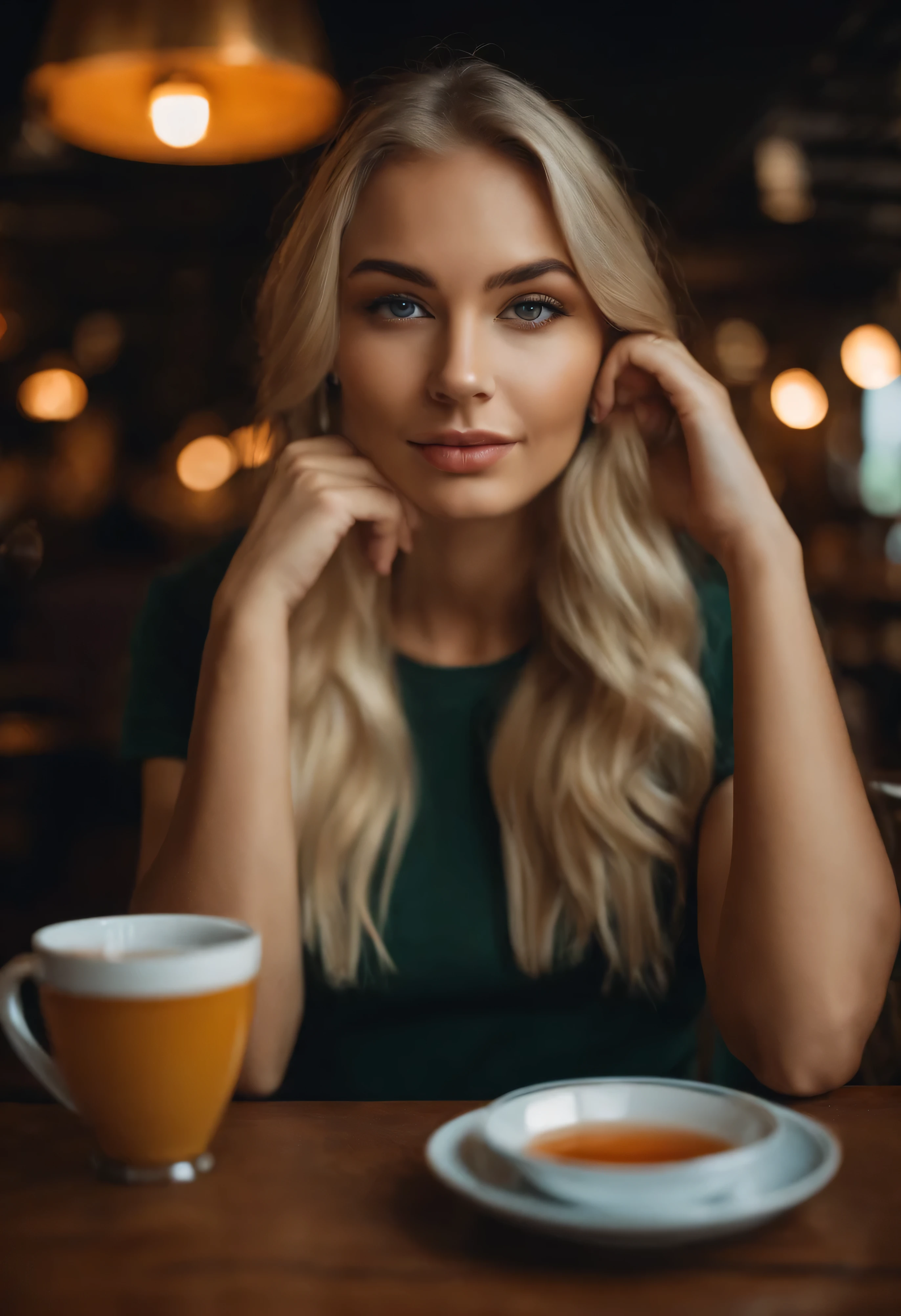 Très belle blonde de 22 ans portant un t-shirt regardant directement la caméra assise dans un restaurant en train de boire du thé