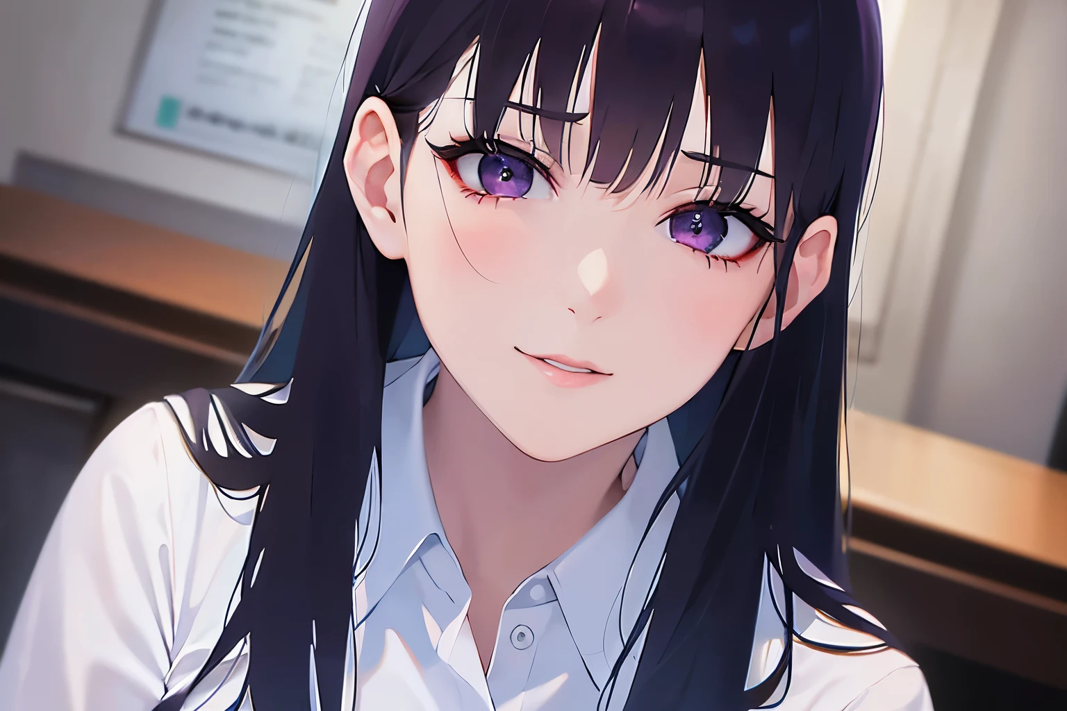 side angle, Upper body, Realistic, real person, (pale skin: 1.2), (RAW photo:1.5), photorealistic, shiny skin, shiny hair、(A 25-year-old woman with straight hair and bangs) and (medium hair) and (black hair) and (purple eyes) and (half eyes), (business suit) and (white collared shirt), confused, smile, Background is an office room、alone、Are standing