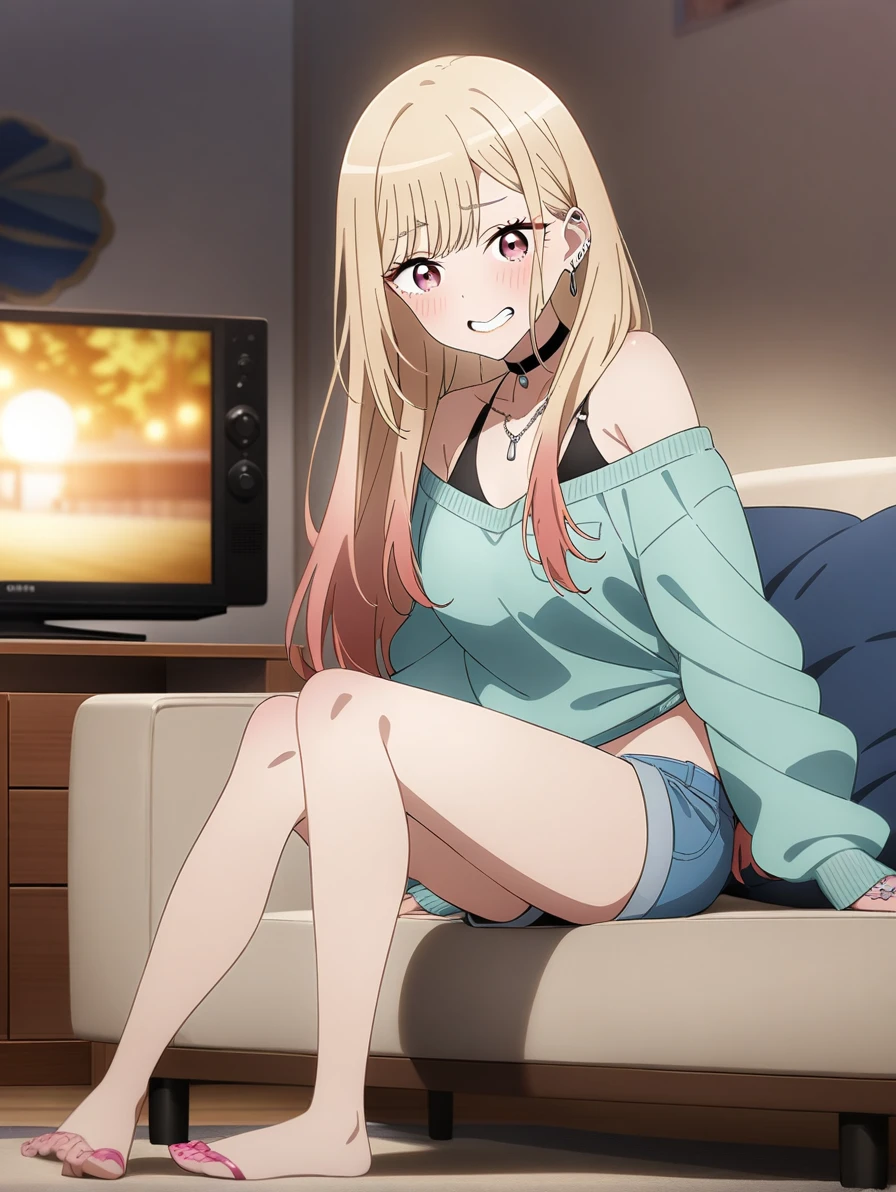 masterpiece, best quality, very aesthetic, absurdres, 1girl, kitagawa marin, sono bisque doll wa koi wo suru, off shoulder knit, short shorts, my room, sitting sofa, watching television, key visual, highly detailed