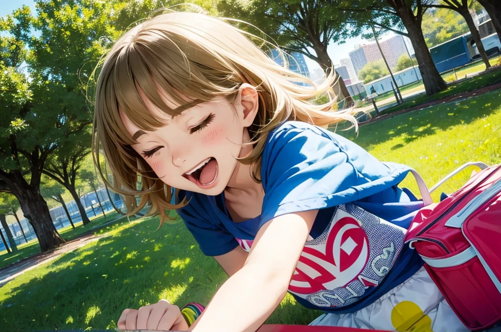 (popart style),flat color,(girls),cute face,tween,enjoy picnic,park,lunch box,beautiful detailed scenery, closed eyes,open mouth,very loud laugh,beautiful lighting,very happy,dynamic angle, sharp,
