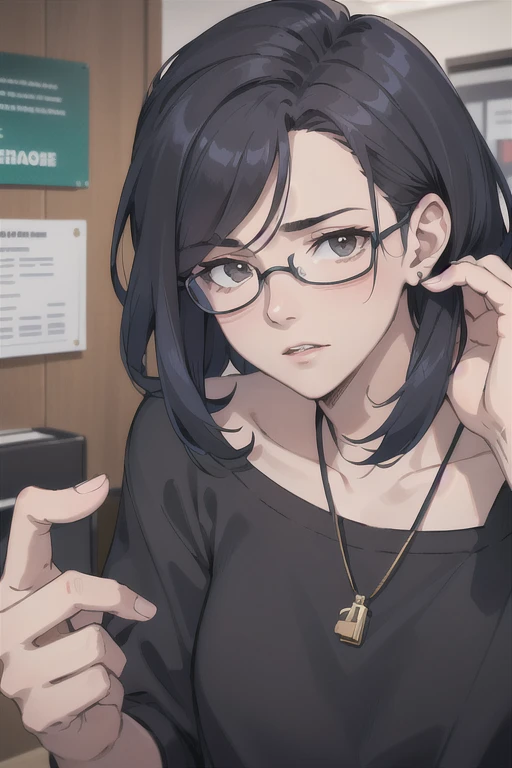 Rough drawing、sketch、As if drawn with a mechanical pencil、short hair、Mekakure、glasses girls、girl、big breasts、Throw kiss、((line drawing))、view from above、I can see your chest、Color scheme is monochrome、manga風、manga、black hair、long bangs、clavicle、chest emphasis、student、round glasses、