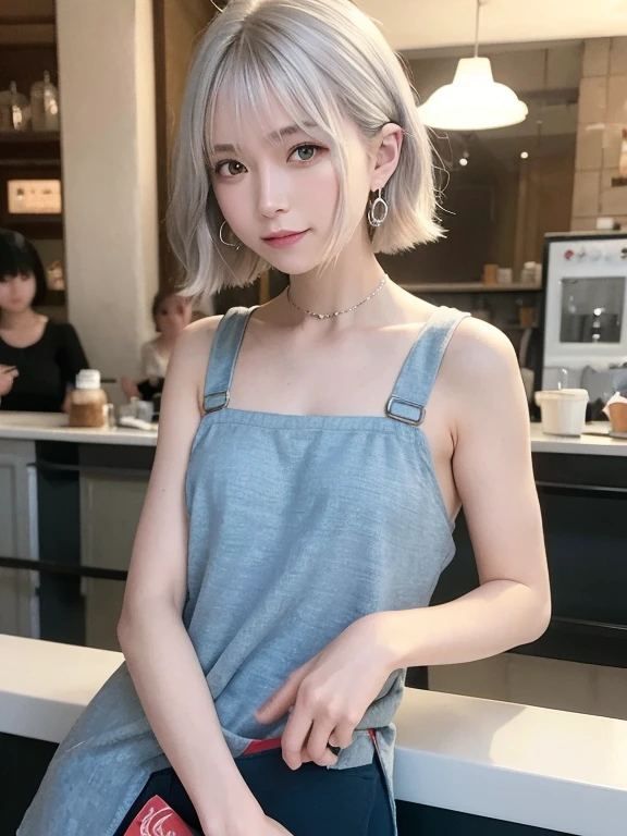 masterpiece, highest quality, High resolution,alone,Silver Hair, Small earrings,short hair, outside,Artistic,An illustration,Line art,Aqua Eye,morning,Best lighting,sun,casual, Pants Style,Flat Chest,watercolor,Beautiful Face,expensive,Woman standing at the counter in a coffee shop,clavicle,Woman in an apron,smile