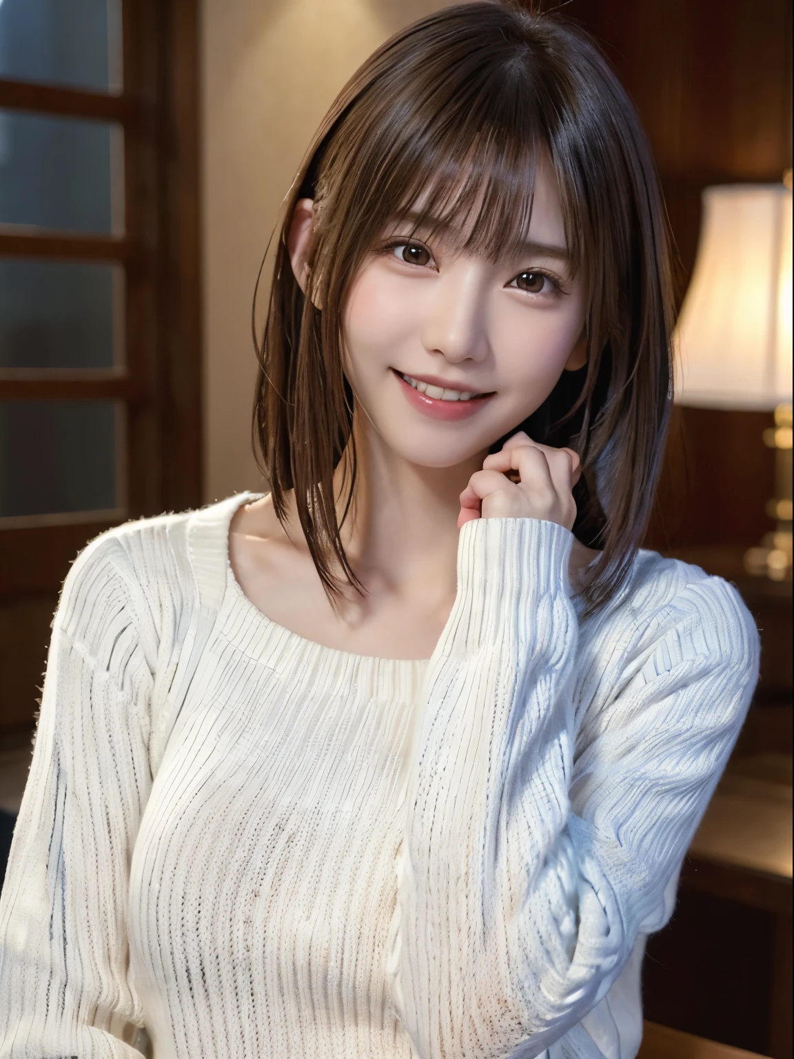 1 Japanese girl,(White sweater:1.4), (RAW Photos, highest quality), (Realistic, Realistic:1.4), Tabletop, Very delicate and beautiful, Very detailed, 8k wallpaper, wonderful, In detail, Very detailedなCG Unity, High resolution, Soft Light, Beautiful details 19 years old, Very detailedな目と顔, Beautiful and detailed nose, Beautiful details,Cinema Lighting,Perfect Anatomy,Slender body,smile  (Asymmetrical bangs,)